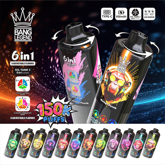 Bang Legend 150000 150K Puffs 6-in-1 Flavors Rechargeable LED Display Disposable Vape