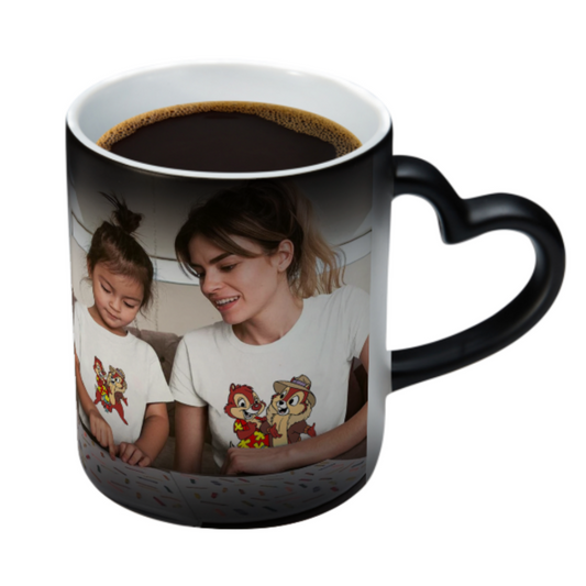 Custom Personalised Magic Photo Mug (Double sided different photos) with a heart-shaped handle - Made in USA, Free Fast Shipping