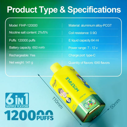 FIHP Multi 120000 120K Puffs 6in1 Rechargeable Disposable Kit