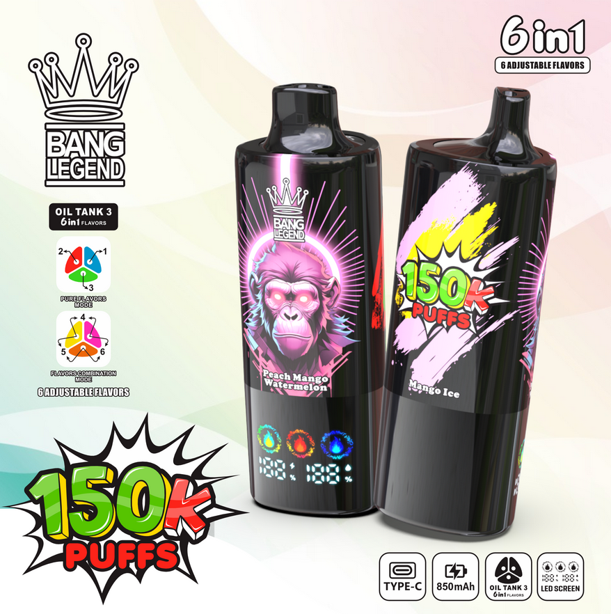 Bang Legend 150000 150K Puffs 6-in-1 Flavors Rechargeable LED Display Disposable Vape