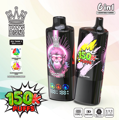 Bang Legend 150000 150K Puffs 6-in-1 Flavors Rechargeable LED Display Disposable Vape