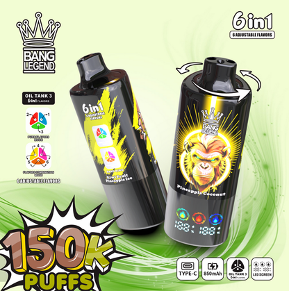 Bang Legend 150000 150K Puffs 6-in-1 Flavors Rechargeable LED Display Disposable Vape