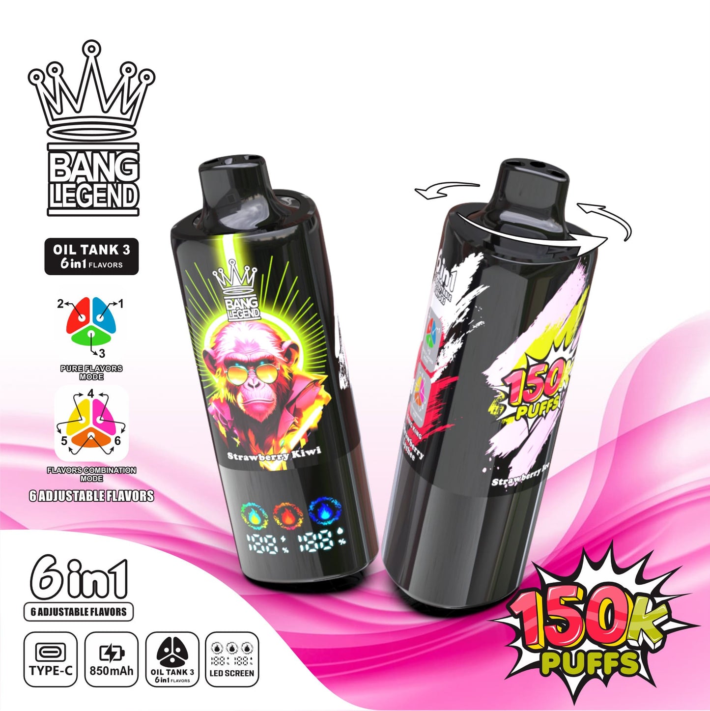 Bang Legend 150000 150K Puffs 6-in-1 Flavors Rechargeable LED Display Disposable Vape