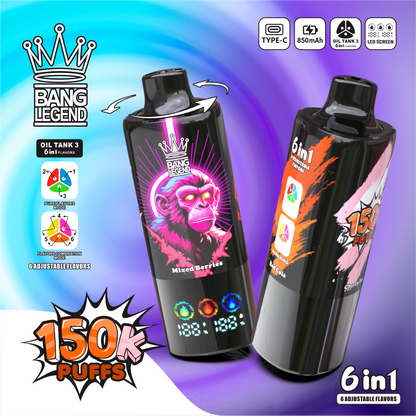 Bang Legend 150000 150K Puffs 6-in-1 Flavors Rechargeable LED Display Disposable Vape