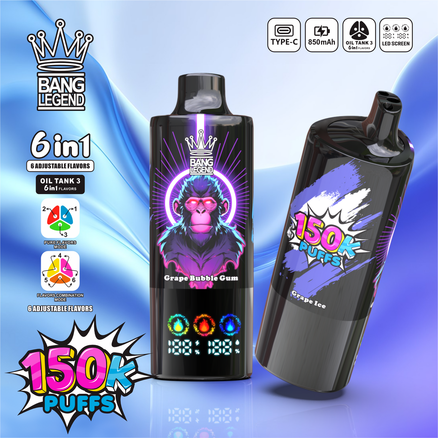 Bang Legend 150000 150K Puffs 6-in-1 Flavors Rechargeable LED Display Disposable Vape