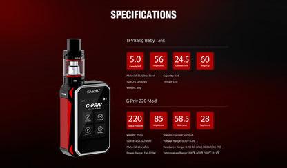 SMOK G-PRIV 220w Touch Screen 5.0ML Starter Kit With TFV8 Big Baby